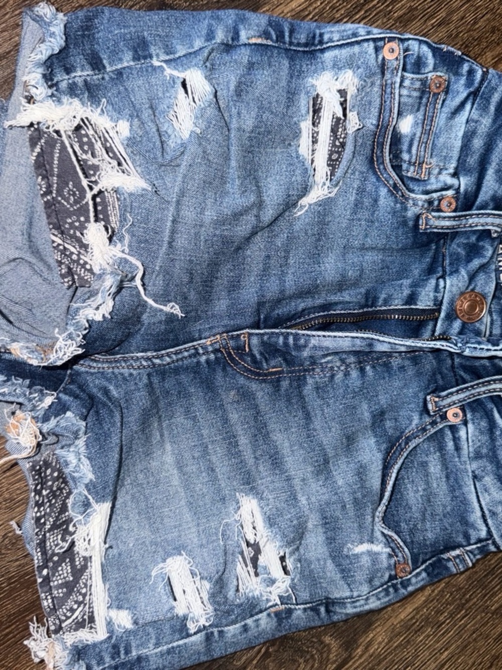 Aeropostale Distressed Blue Denim Cropped Shorts with Bandana Patch